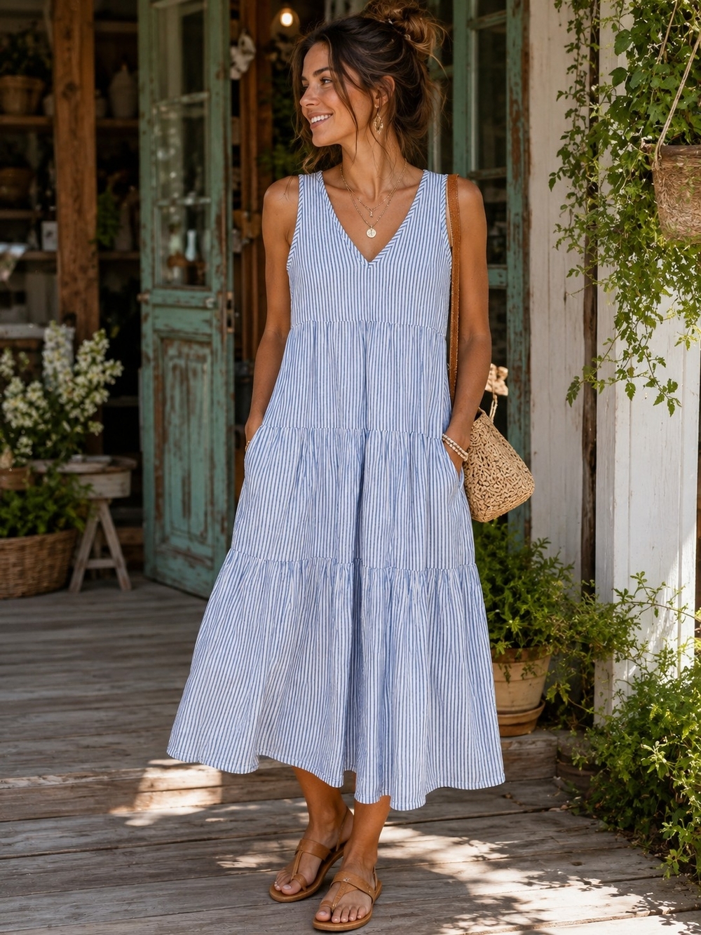 Quince Blue and White Striped Tiered V-Neck Maxi Dress